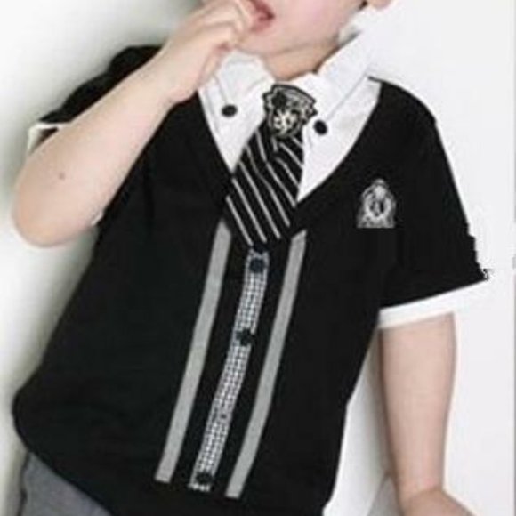 New BOYS TODDLER 3pc Elegant SHORTS TOP & TIE Set Set Black Gray White Sz 140 - Picture 2 of 6